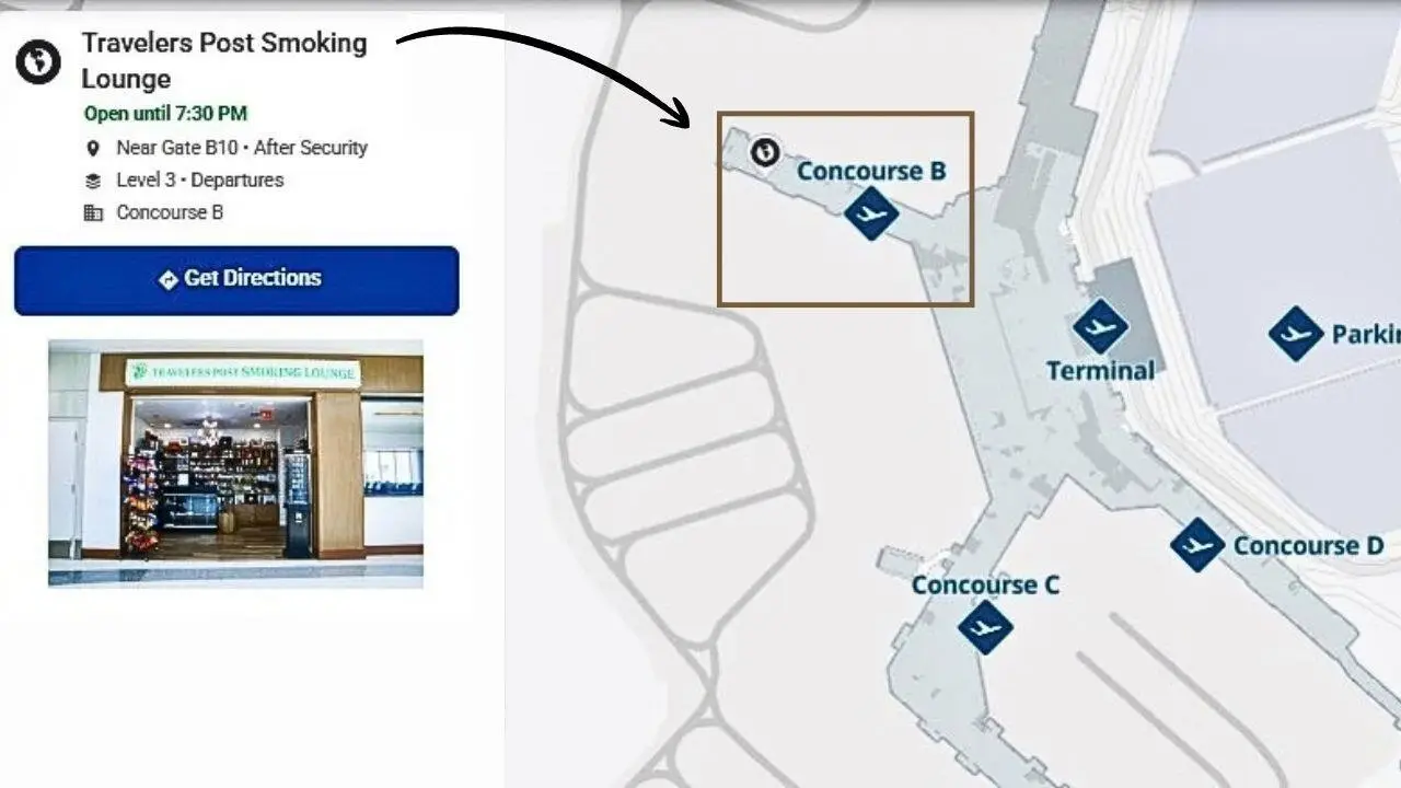 Nashville Airport smoking area map showing indoor and outdoor locations