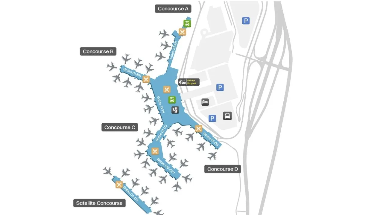 Nashville International Airport (BNA) terminal map showing concourses, gates, and airport layout